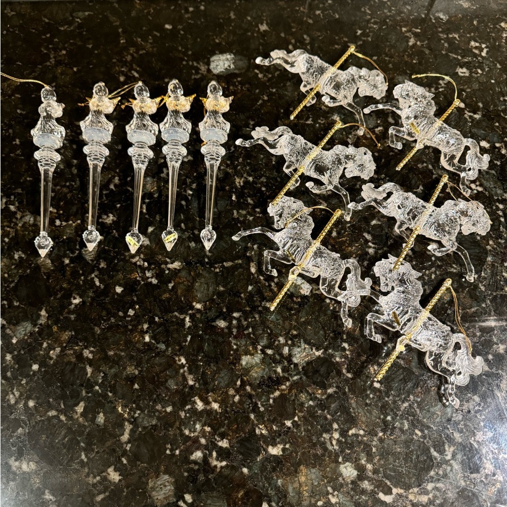 Lot 11 Christmas Ornaments Lucite Plastic Icicle Clear Angel Horses Crystal-Like